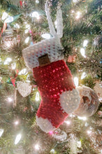 Load image into Gallery viewer, Mini Christmas Stockings. Crochet stocking. Handmade stocking. 2 for 10
